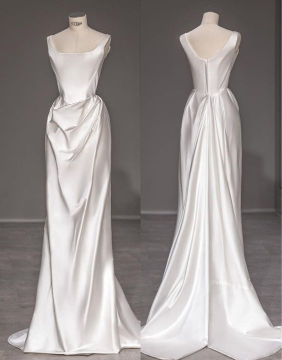 Fashion Mermaid Straps Long Prom Dress White Satin Backless Wedding Dress DP136