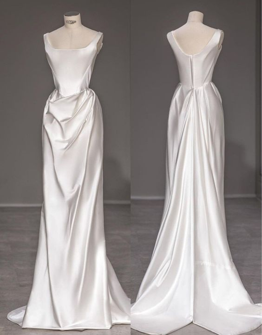 Fashion Mermaid Straps Long Prom Dress White Satin Backless Wedding Dress DP136