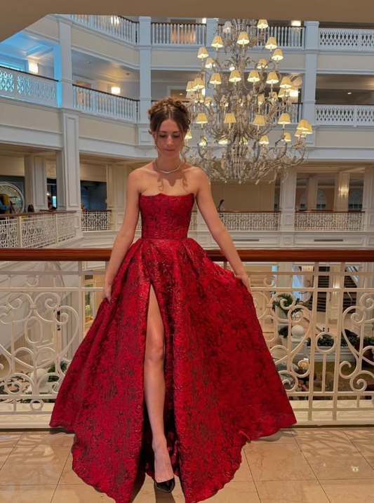 Elegant A Line Strapless Print Floral Burgundy Satin Prom Dress Evening Dress DP1584