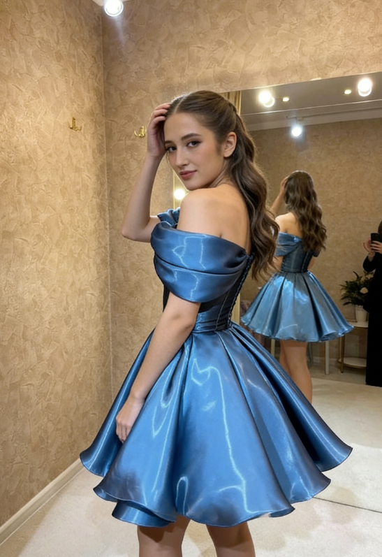 Blue A Line Off the Shoulder Satin Short Prom Dress Homecoming Dress Outfits DP4229