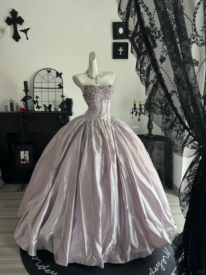 Light Purple Ball Gown Strapless Beaded Satin Prom Dress Quinceanera Dress DP6970