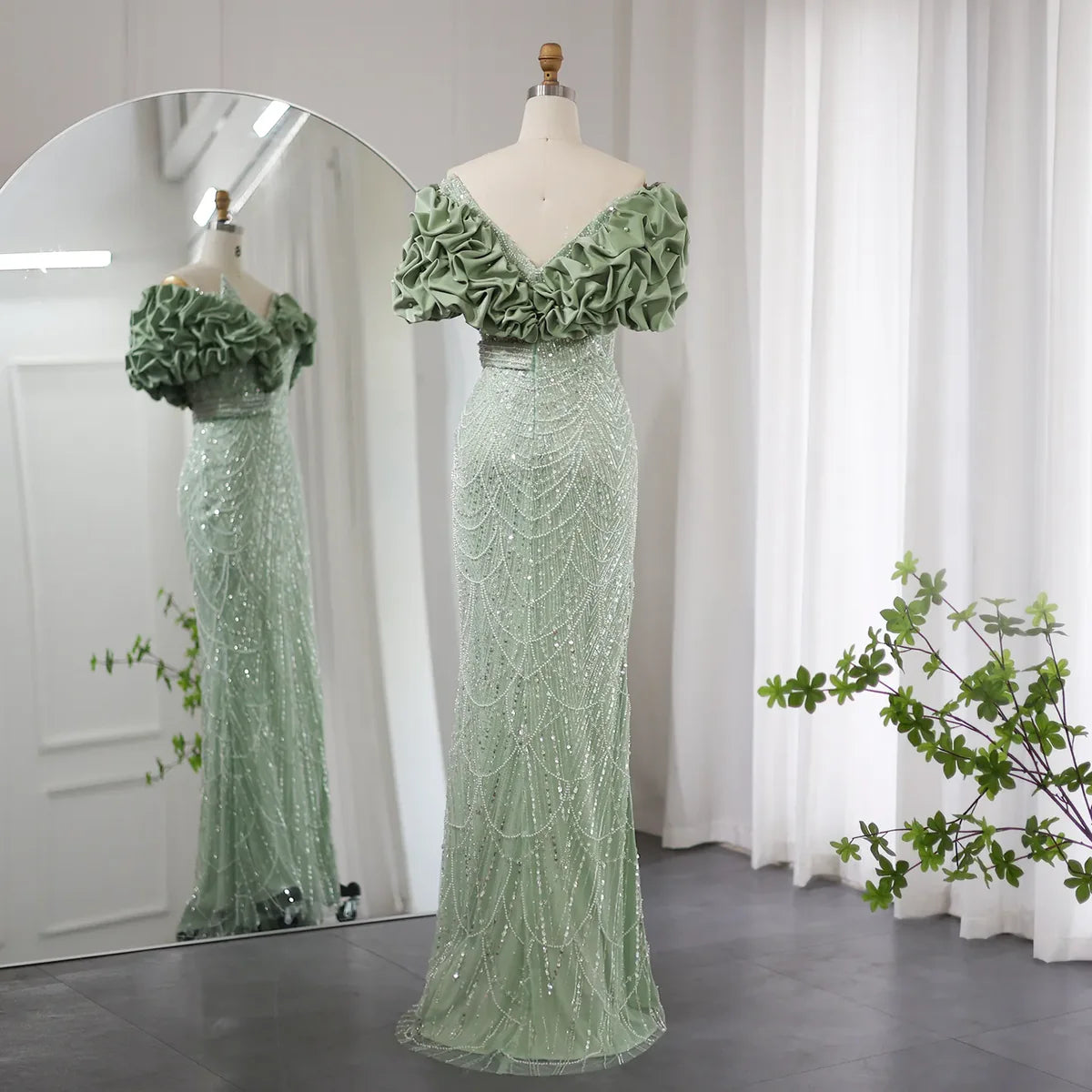 Elegant Mermaid Off-the-shoulder Sage Green Beaded Satin Slit Evening Dress DP956