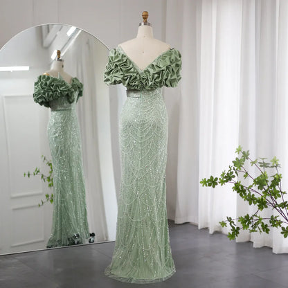 Elegant Mermaid Off-the-shoulder Sage Green Beaded Satin Slit Evening Dress DP956