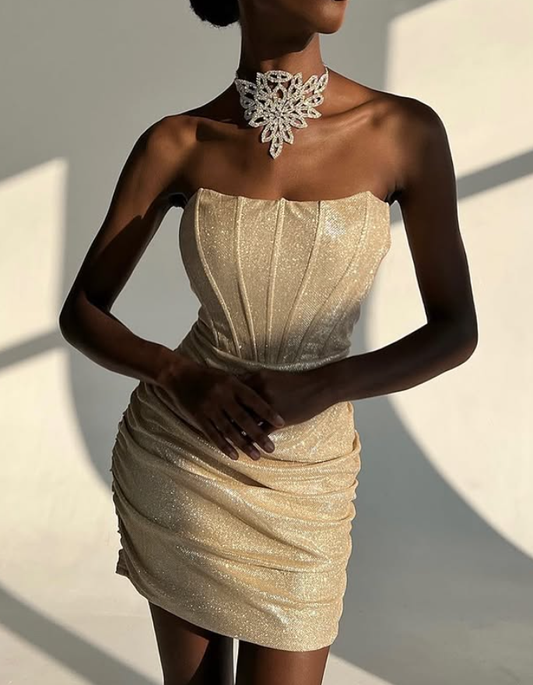 Sexy Sheath Strapless Corset Champagne Sequin Short Homecoming Dress Outfits DP4687