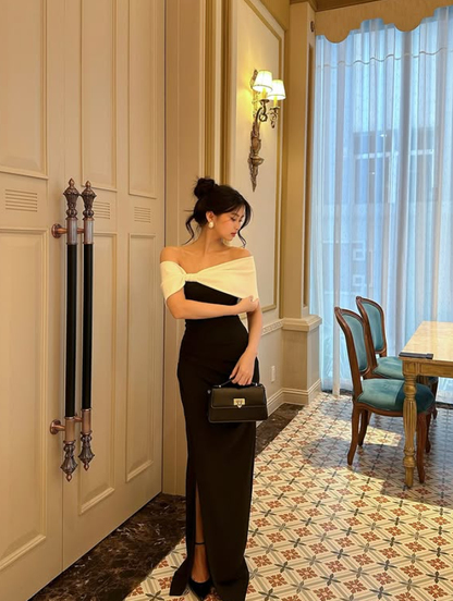 Classic Elegant Sheath Off the Shoulder Black-White Satin Long Prom Dress Evening Dress DP3966