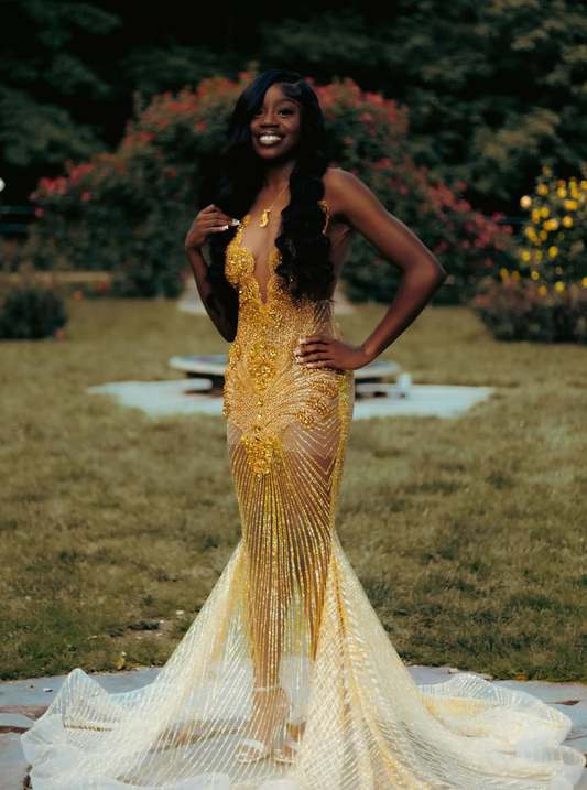 Gorgeous Mermaid V Neck Yellow Beaded Sequin Tulle Long Sweep Prom Dress Evening Dress DP1900