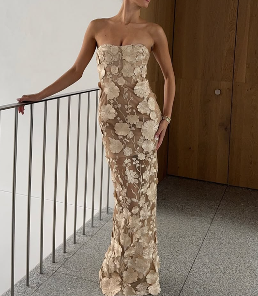 Brown Sheath Sweetheart Neck Appliques Satin Long Prom Dress Evening Dress DP1484