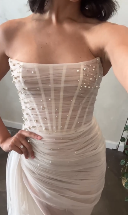 Stunning Mermaid Strapless Beaded Pearl Corset Tulle Satin Long Wedding Dress DP4308