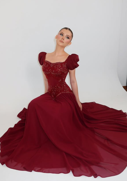 Cute Burgundy A Line Puff Sleeve Beaded Chiffon Long Prom Dress Evening Dress DP6052