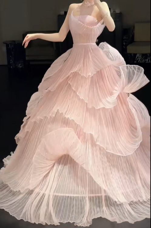 Unique A Line Strapless Layered Pink Organza Long Party Dress Prom Dress DP2507