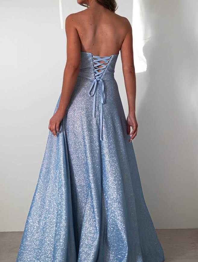 Shiny Blue Sequin A Line Strapless Long Prom Dress Evening Dress with Slit DP6597