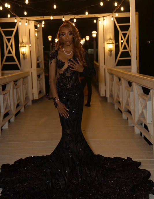 Gorgeous Mermaid Long Sleeve Black Sequin Long Sweep Prom Dress Evening Dress DP1845