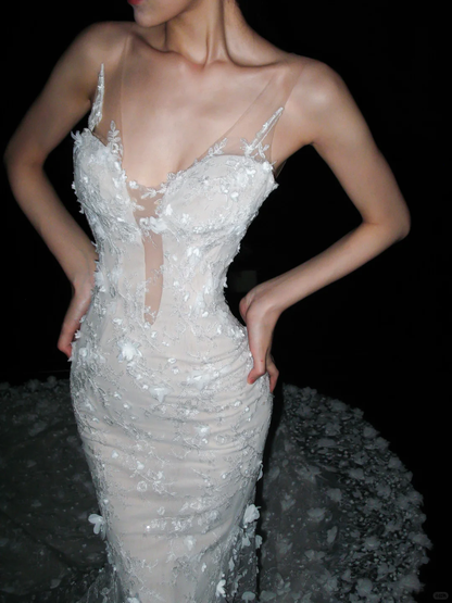 Glamorous Mermaid V Neck Floral Lace Tulle Long Wedding Dress DP5800