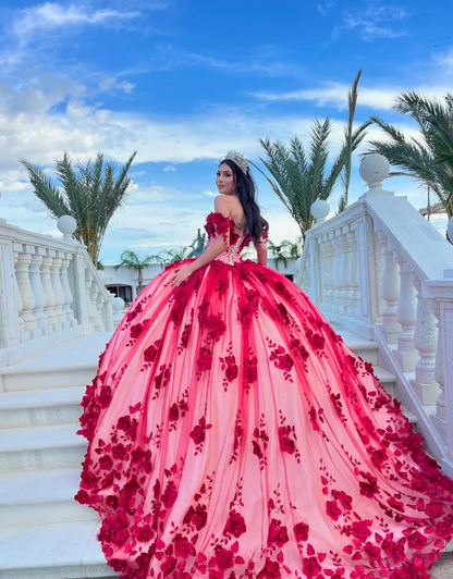 Stunning Burgundy Floral Off the Shoulder Tulle Ball Gown Sweet 16 Dress Quinceanera Dress DP3022