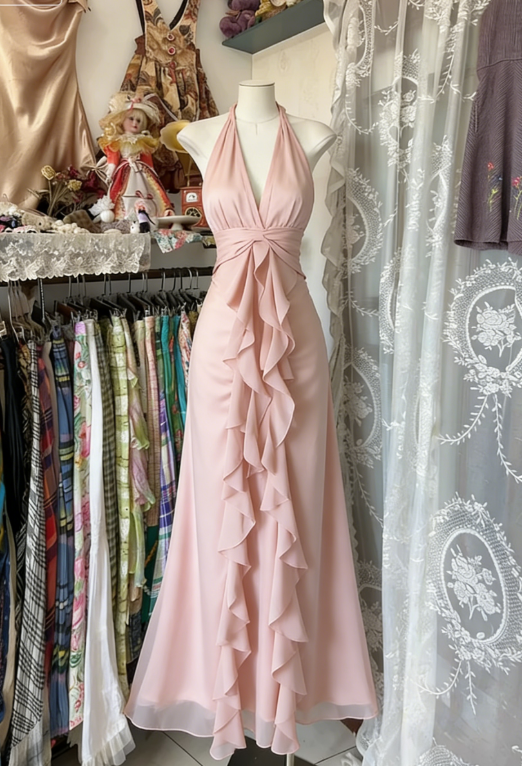 Light Pink Vintage A Line V Neck Ruffle Chiffon Prom Dress Party Dress DP5008