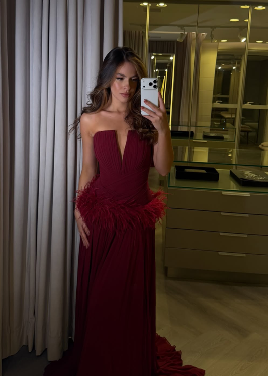 Burgundy A Line Strapless Feather Chiffon Long Prom Dress Evening Dress DP6785