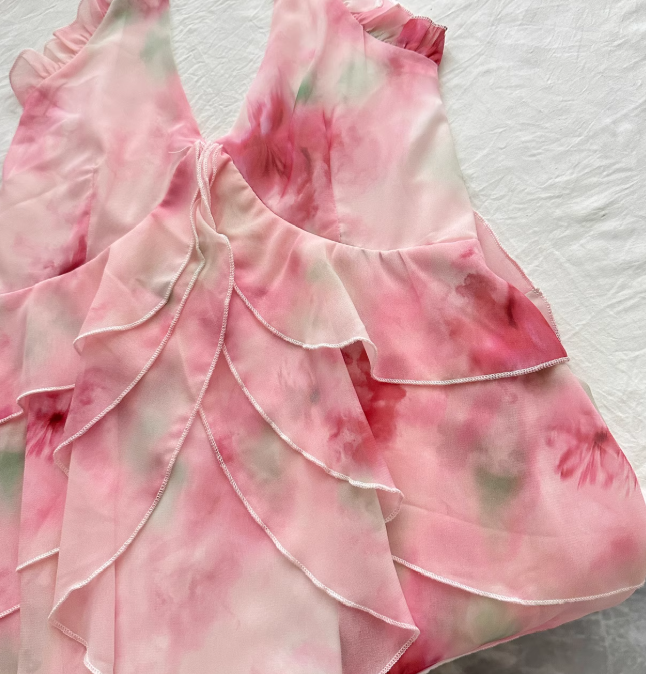 Pink A Line Halter Print Floral Layered Chiffon Vacation Dress Prom Dress Outfits DP3555