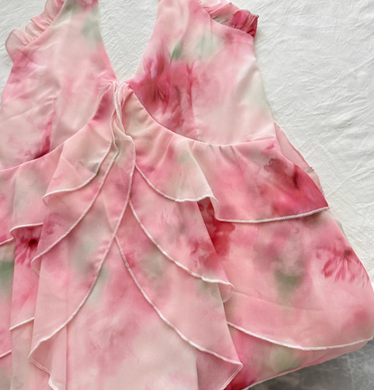 Pink A Line Halter Print Floral Layered Chiffon Vacation Dress Prom Dress Outfits DP3555