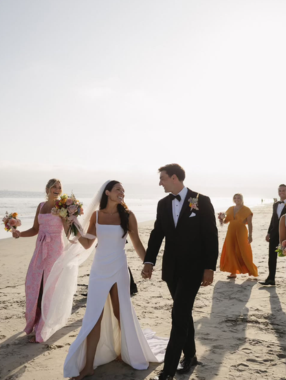 Simple Elegant Mermaid Spaghetti Strap White Satin Wedding Dresses DP4348