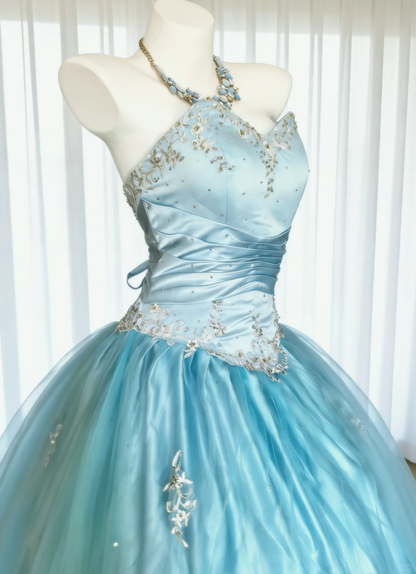 Vintage A Line Strapless Beaded Baby Blue Satin Tulle Prom Dress Evening Dress DP4726