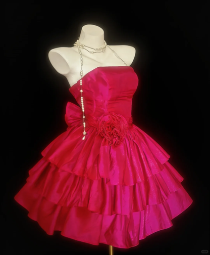 Vintage Hot Pink A Line Strapless Layered Satin Short Homecoming Dress DP4720