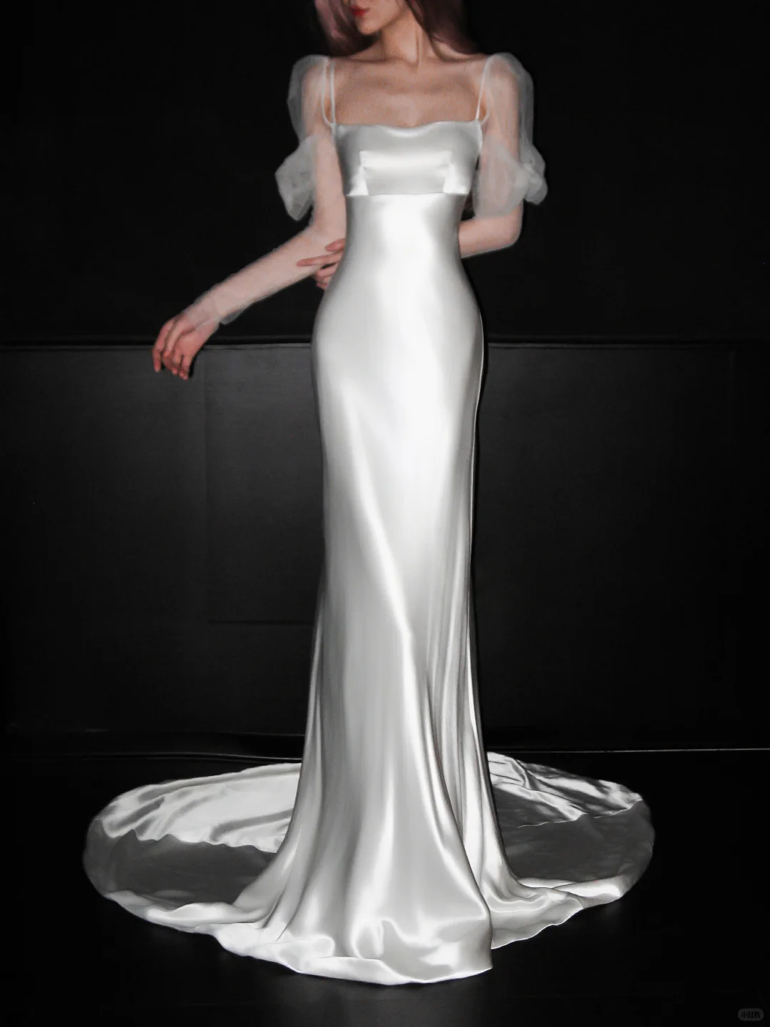 Classic Elegance Mermaid Puff White Satin Tulle Long Wedding Dress DP5200