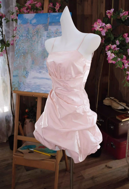 Cute Pink A Line Spaghetti Strap Pleated Satin Short Homecoming Dress Outfits DP4701