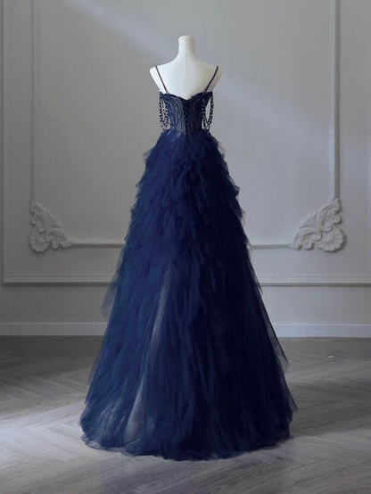 A-Line Sweetheart Neck Tulle Navy Blue Long Prom Dress Graduation Dress DP191