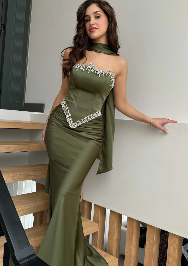 Olive Green Sheath Strapless Exquisite Beaded Satin Prom Dress Evening Dress DP5029