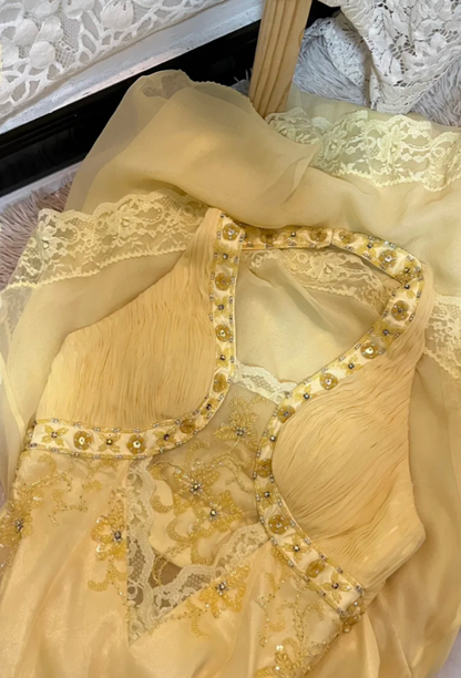 Vintage Mermaid V Neck Beaded Yellow Lace Chiffon Prom Dress Wedding Guest Dress DP4279