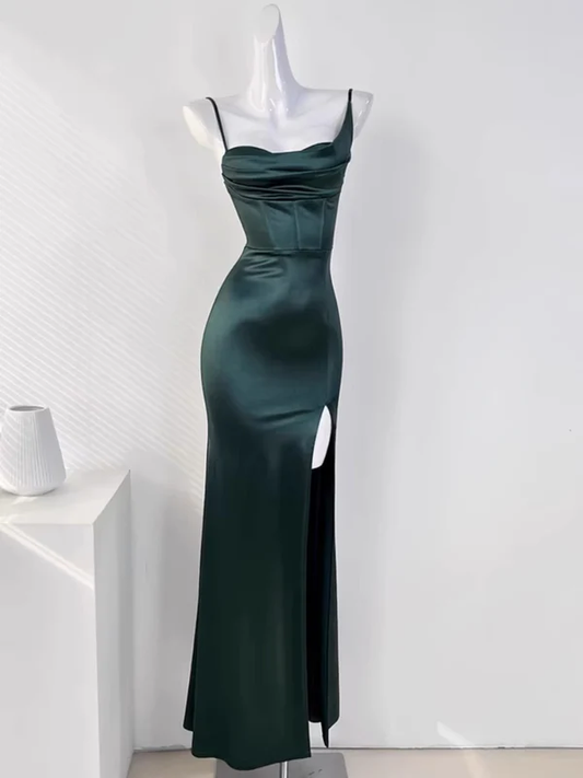 Sexy SheathSleeveless Green Satin Prom Dress DP246