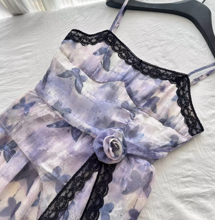 Purple Butterfly A Line Spaghetti Strap Ruffle Chiffon Vacation Dress Summer Dress Outfits DP3559