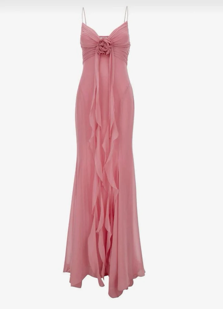 Retro Sheath Spaghetti Straps Pink Chiffon Long Party Dress Prom Dresses DP2377