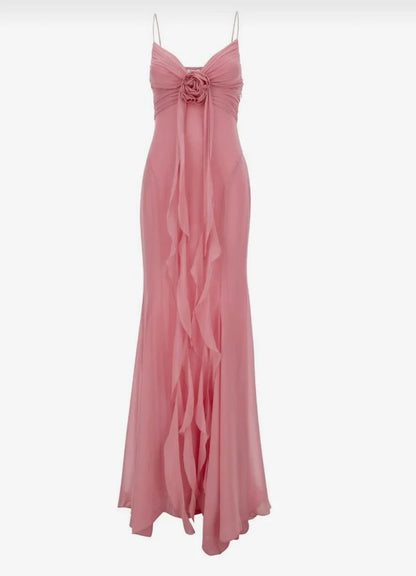 Retro Sheath Spaghetti Straps Pink Chiffon Long Party Dress Prom Dresses DP2377