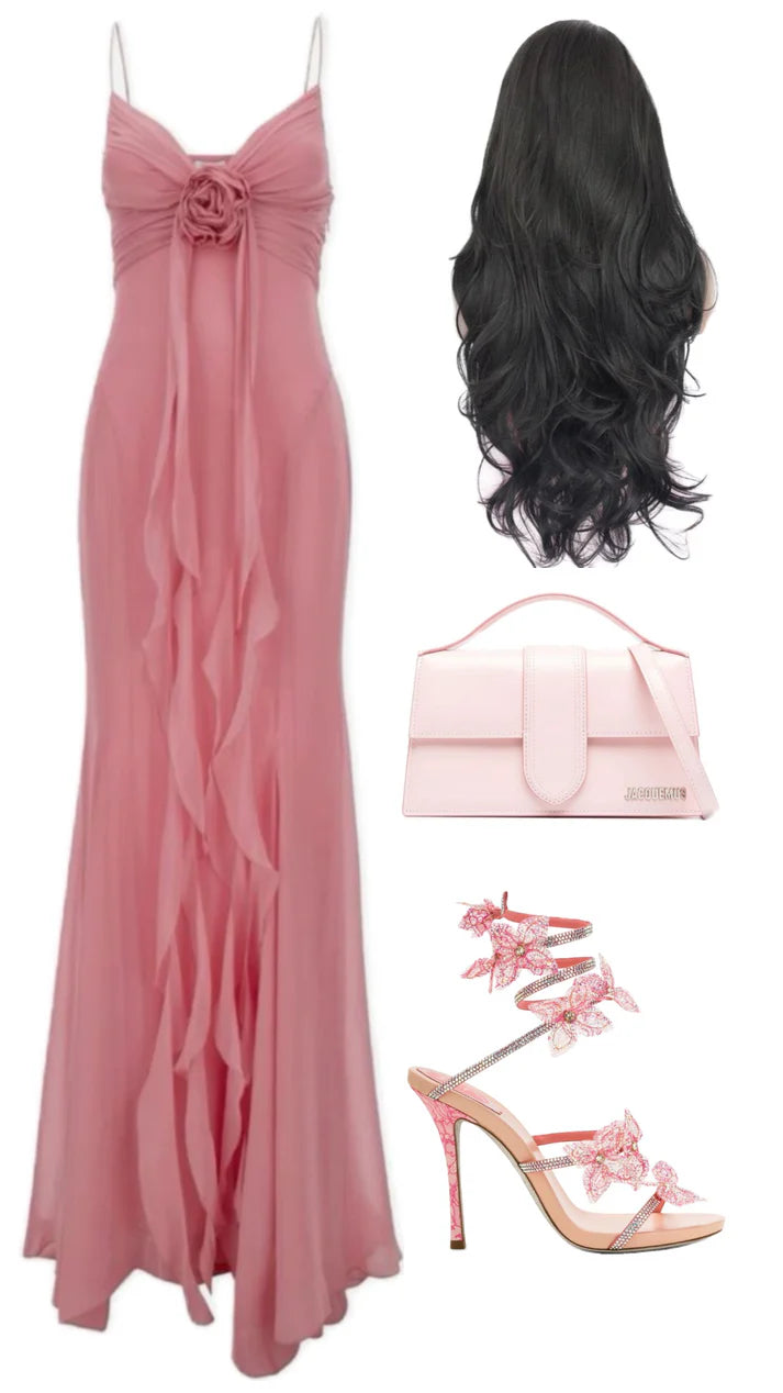 Retro Sheath Spaghetti Straps Pink Chiffon Long Party Dress Prom Dresses DP2377