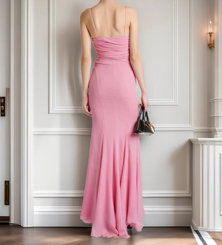 Retro Sheath Spaghetti Straps Pink Chiffon Long Party Dress Prom Dresses DP2377