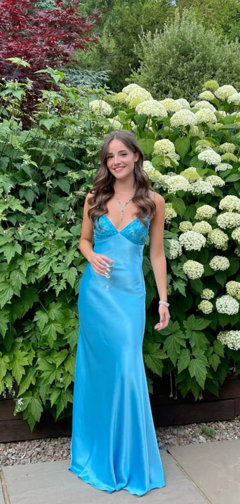 Classy Spaghetti Strap Sleeveless Mermaid Satin Long Backless Prom Dresses DP3247