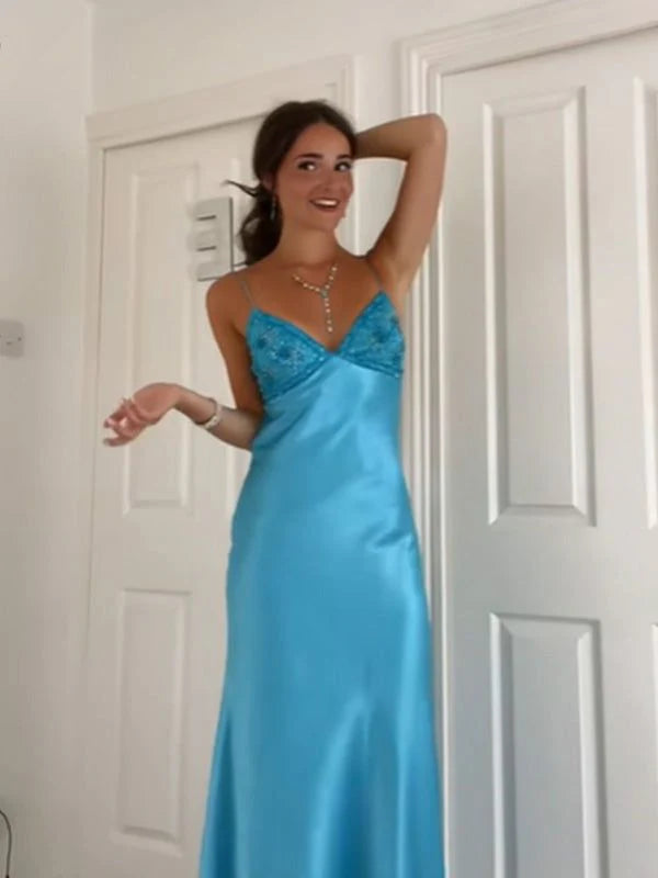 Classy Spaghetti Strap Sleeveless Mermaid Satin Long Backless Prom Dresses DP3247