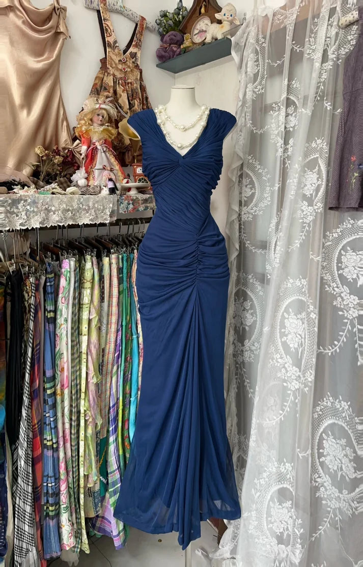 Vintage Fashion Mermaid V Neckline Navy Blue Floor Length Evening Dress Prom Dresses DP2374