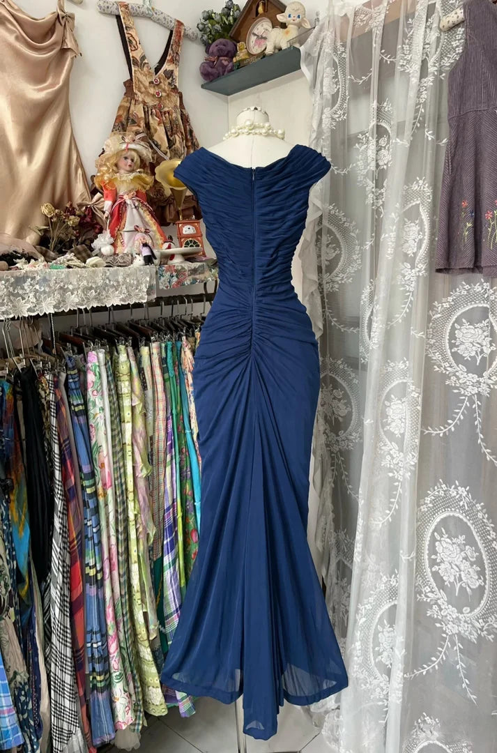 Vintage Fashion Mermaid V Neckline Navy Blue Floor Length Evening Dress Prom Dresses DP2374
