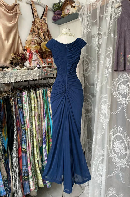 Vintage Fashion Mermaid V Neckline Navy Blue Floor Length Evening Dress Prom Dresses DP2374