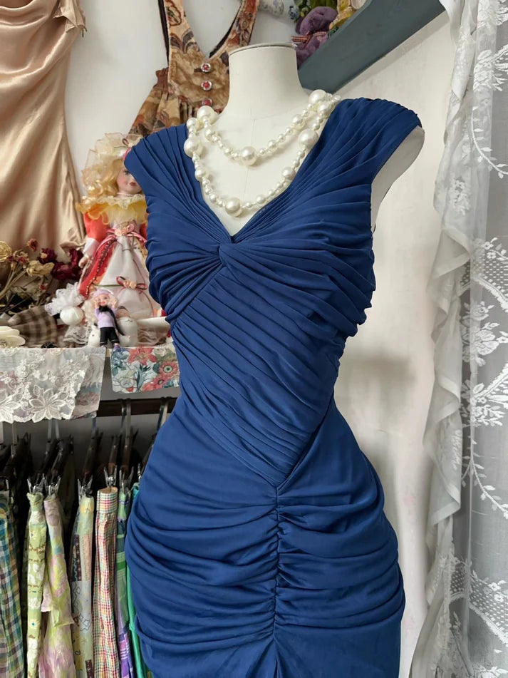 Vintage Fashion Mermaid V Neckline Navy Blue Floor Length Evening Dress Prom Dresses DP2374