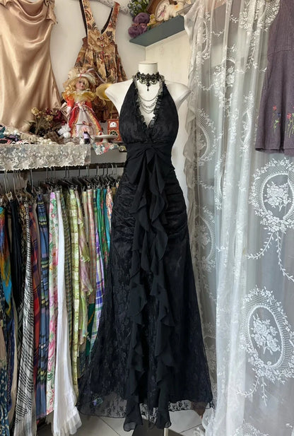Vintage Mermaid Halter Sleeveless Long Black Lace Evening Dress Prom Dresses DP3248