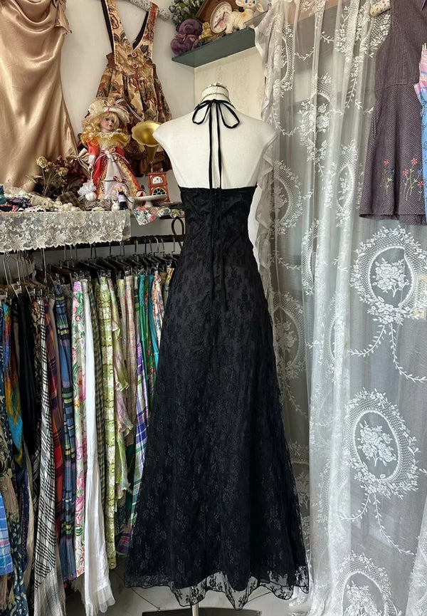 Vintage A Line V Neck Black Lace Long Prom Dress Evening Dress DP4738