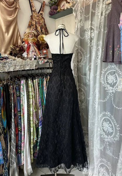 Vintage A Line V Neck Black Lace Long Prom Dress Evening Dress DP4738