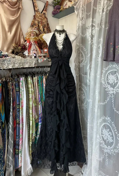 Vintage A Line V Neck Black Lace Long Prom Dress Evening Dress DP4738