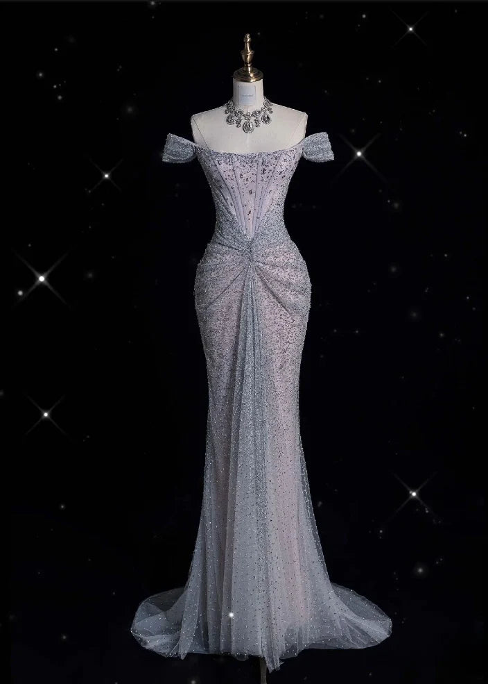 Modest Mermaid Off The Shoulder Sequin Long Prom Dresses Formal Graduation Party Dress Evening Dress DP2375
