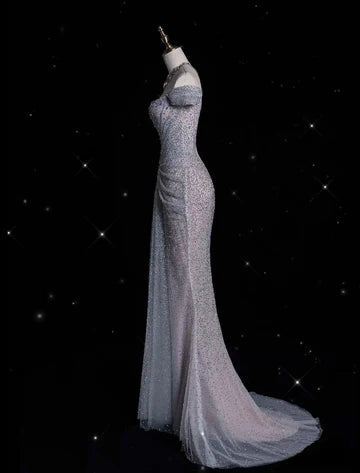 Modest Mermaid Off The Shoulder Sequin Long Prom Dresses Formal Graduation Party Dress Evening Dress DP2375