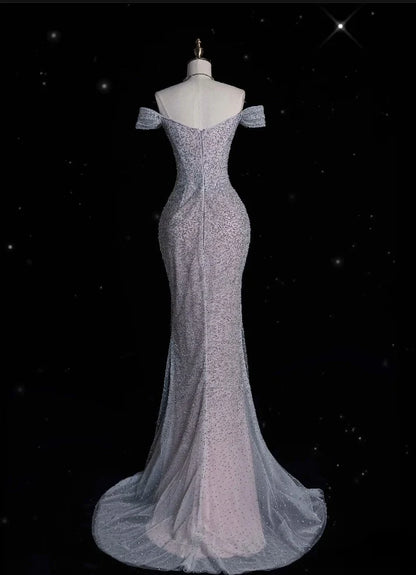 Modest Mermaid Off The Shoulder Sequin Long Prom Dresses Formal Graduation Party Dress Evening Dress DP2375