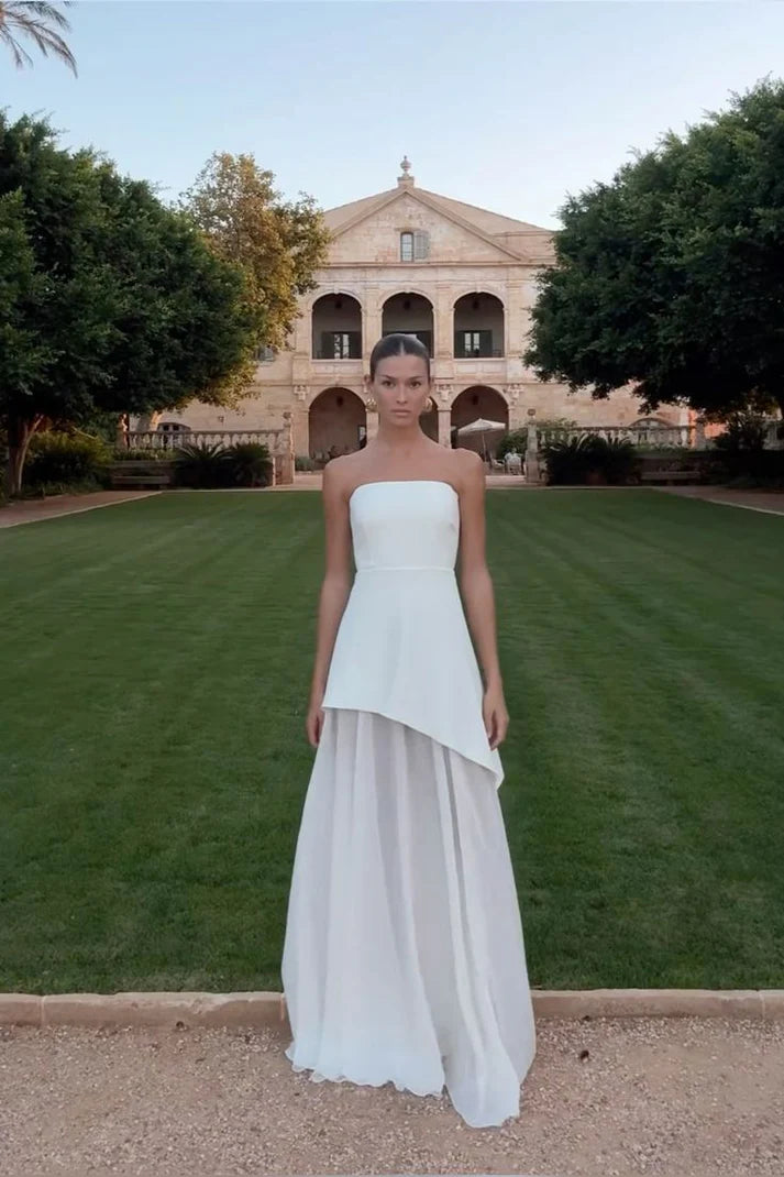 Classy A Line Strapless White Chiffon Satin Long Evening Dress Prom Dresses DP2372